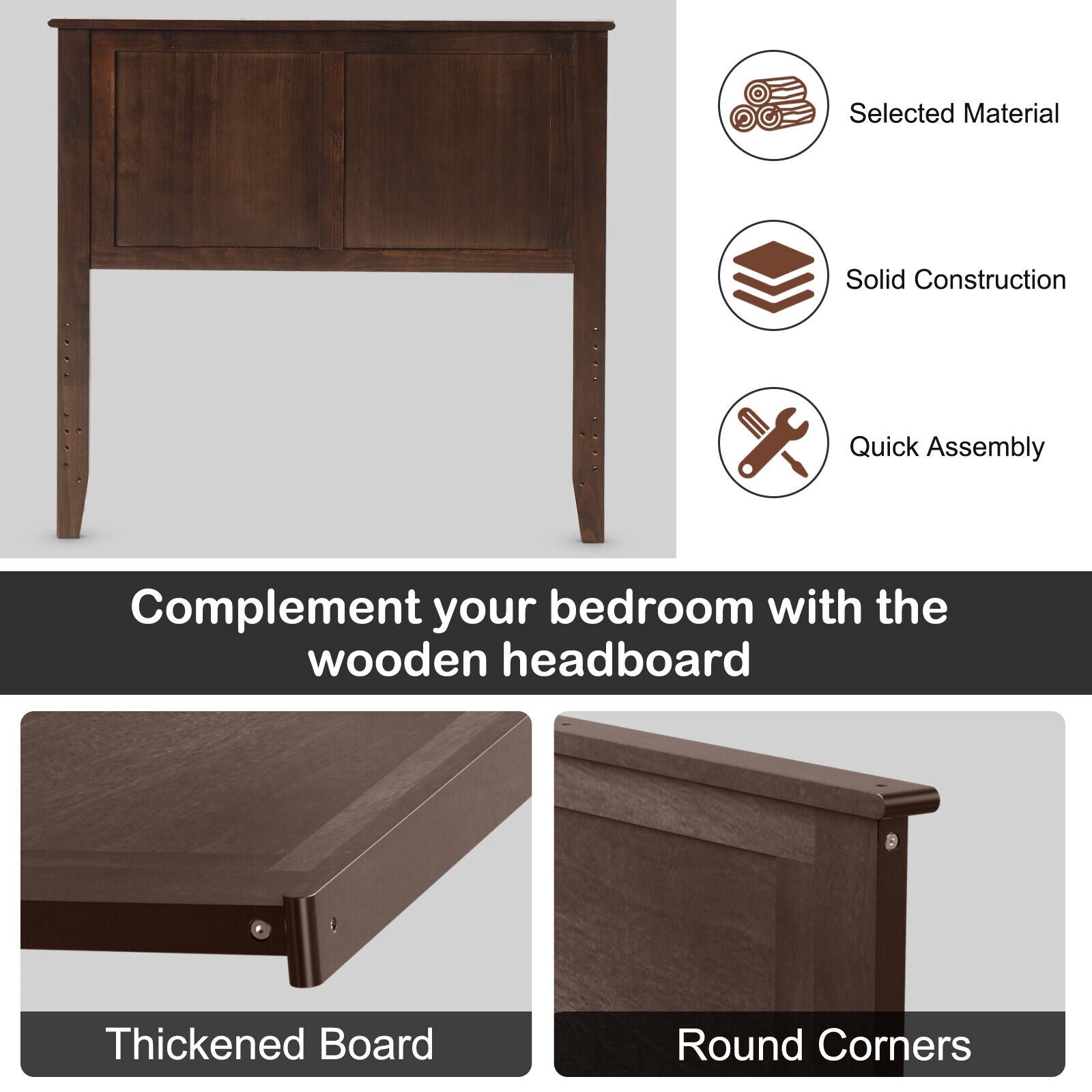 Solid Wood Flat Panel Headboard for Twin-size Bed-Brown