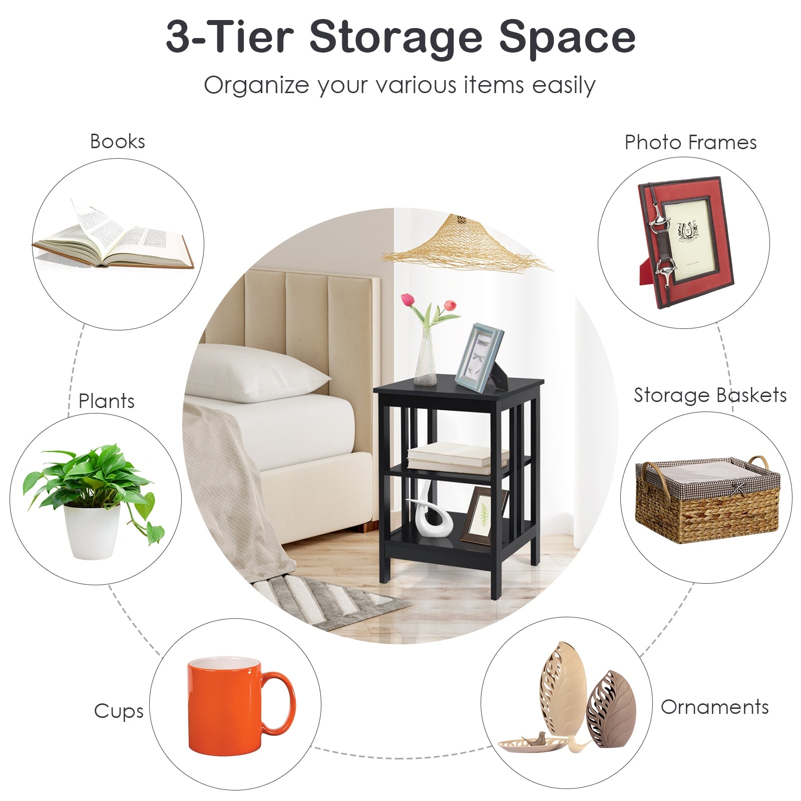 3-Tier Nightstand Sofa Side Table with Baffles and Round Corners-Black