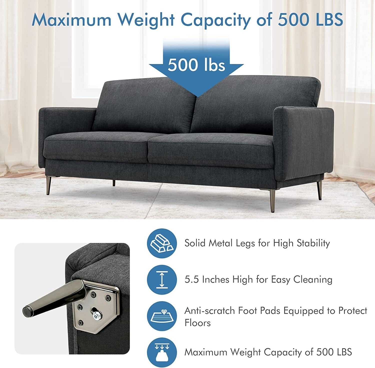Modern Loveseat with Comfy Backrest Cushions-Gray