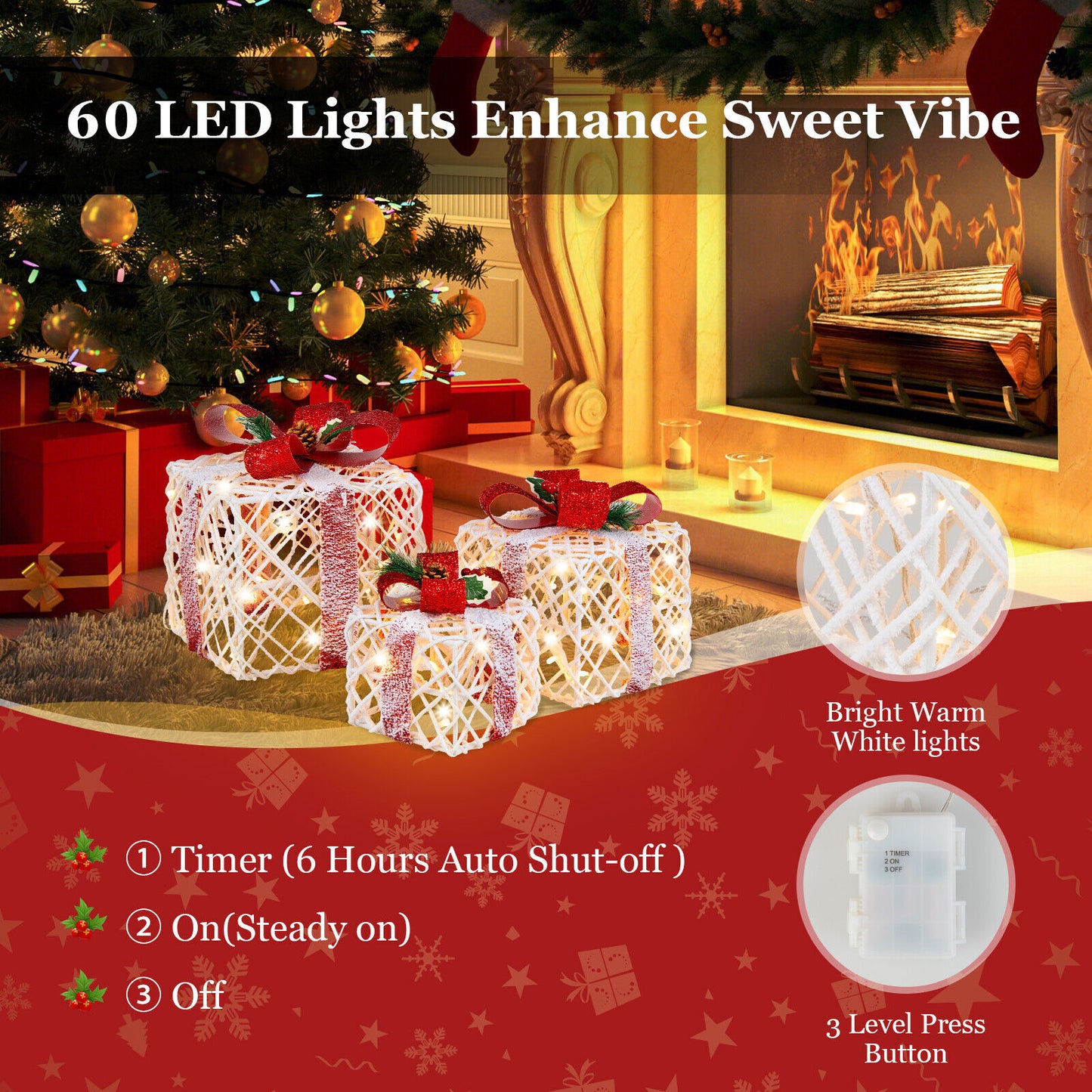 Set of 3 Christmas Lighted Gift Boxes Decorations with Red Bowknots