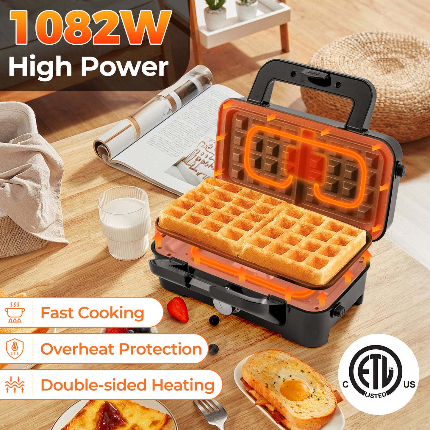 3-in-1 1082W Sandwich Maker with Removable Non-Stick Plates-Black