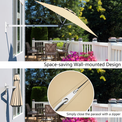 8ft Wall-Mounted Telescopic Folding Tilt Sun Shade Umbrella-Beige