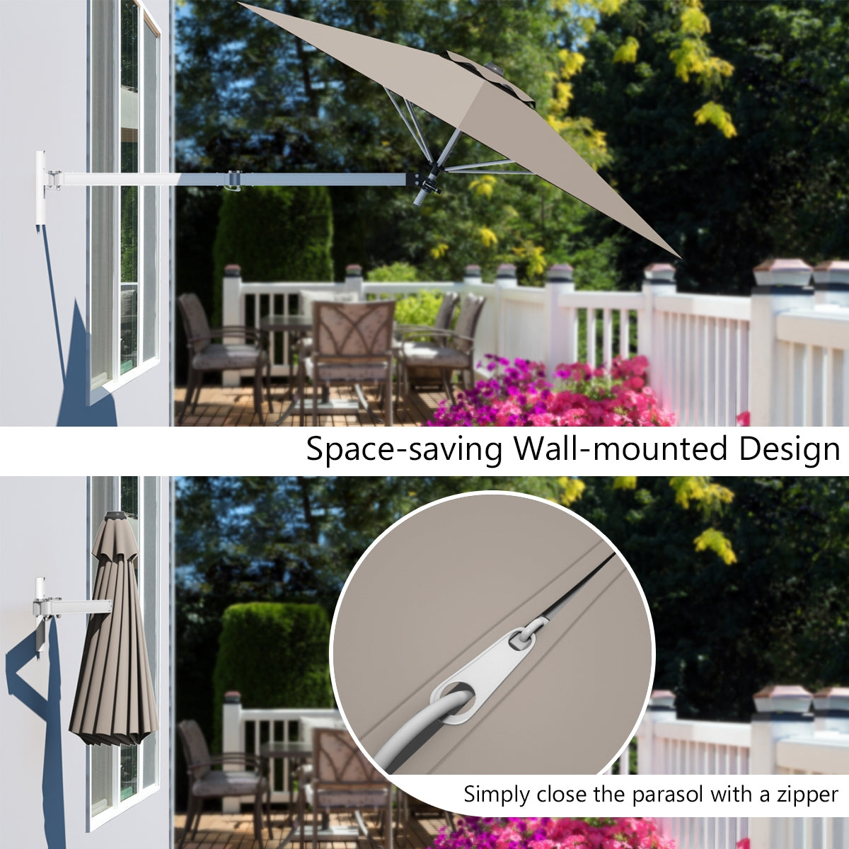 8ft Wall-Mounted Telescopic Folding Tilt Aluminum Sun Shade Umbrella-Tan