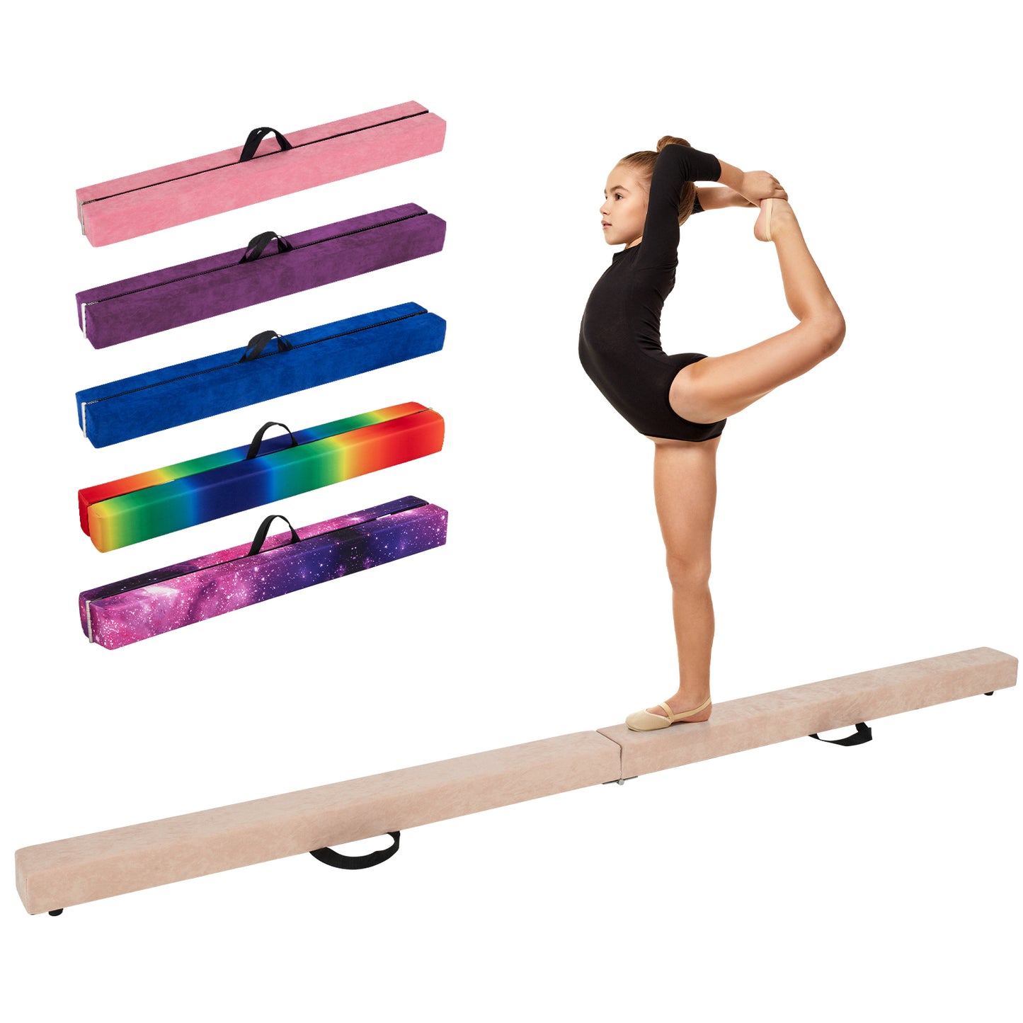 9 FT Folding Gymnastics Balance Beam with Anti-slip Base and Pine Wood Frame-Rainbow - Brown