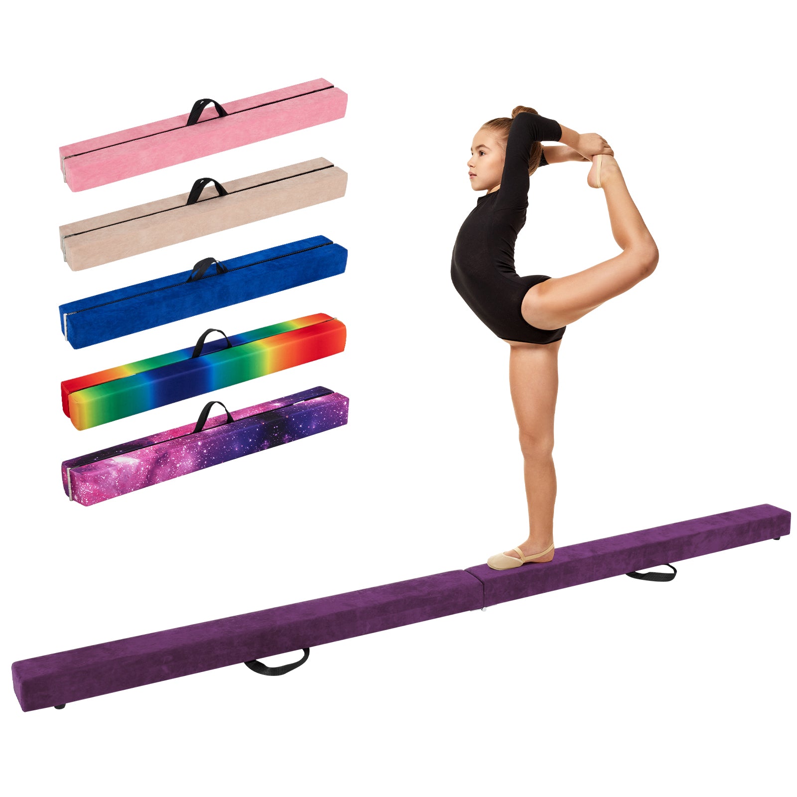 9 FT Folding Gymnastics Balance Beam with Anti-slip Base and Pine Wood Frame-Rainbow - Purple