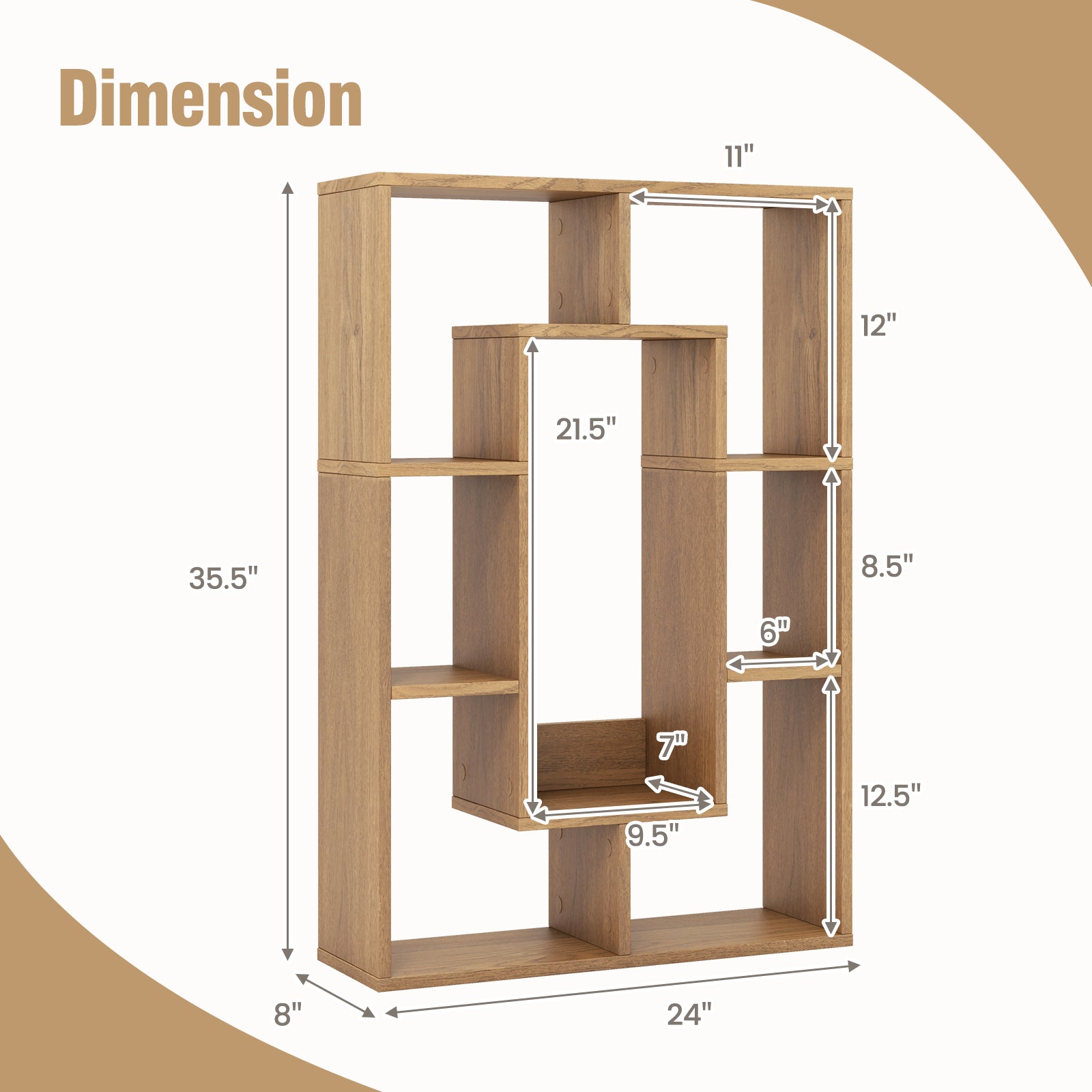 7-Cube Geometric Bookshelf Modern Decorative Open Bookcase-Natural