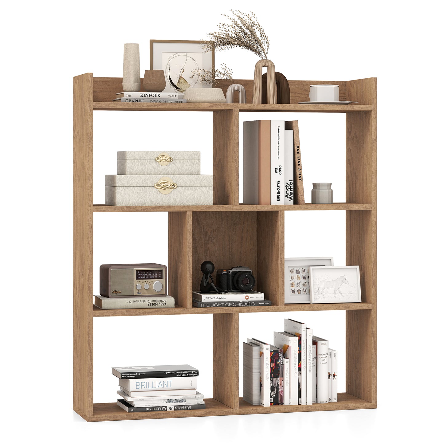 7 Cubes Open-back Bookshelf with Anti-Toppling Devices-Black - Natural
