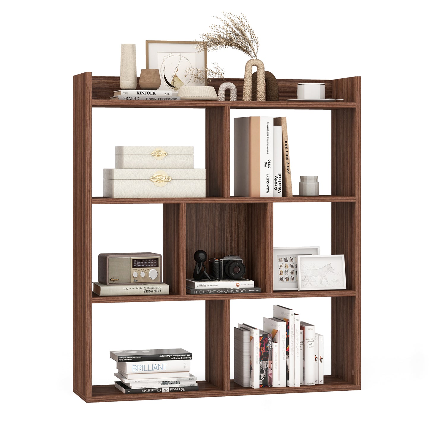 7 Cubes Open-back Bookshelf with Anti-Toppling Devices-Black - Walnut