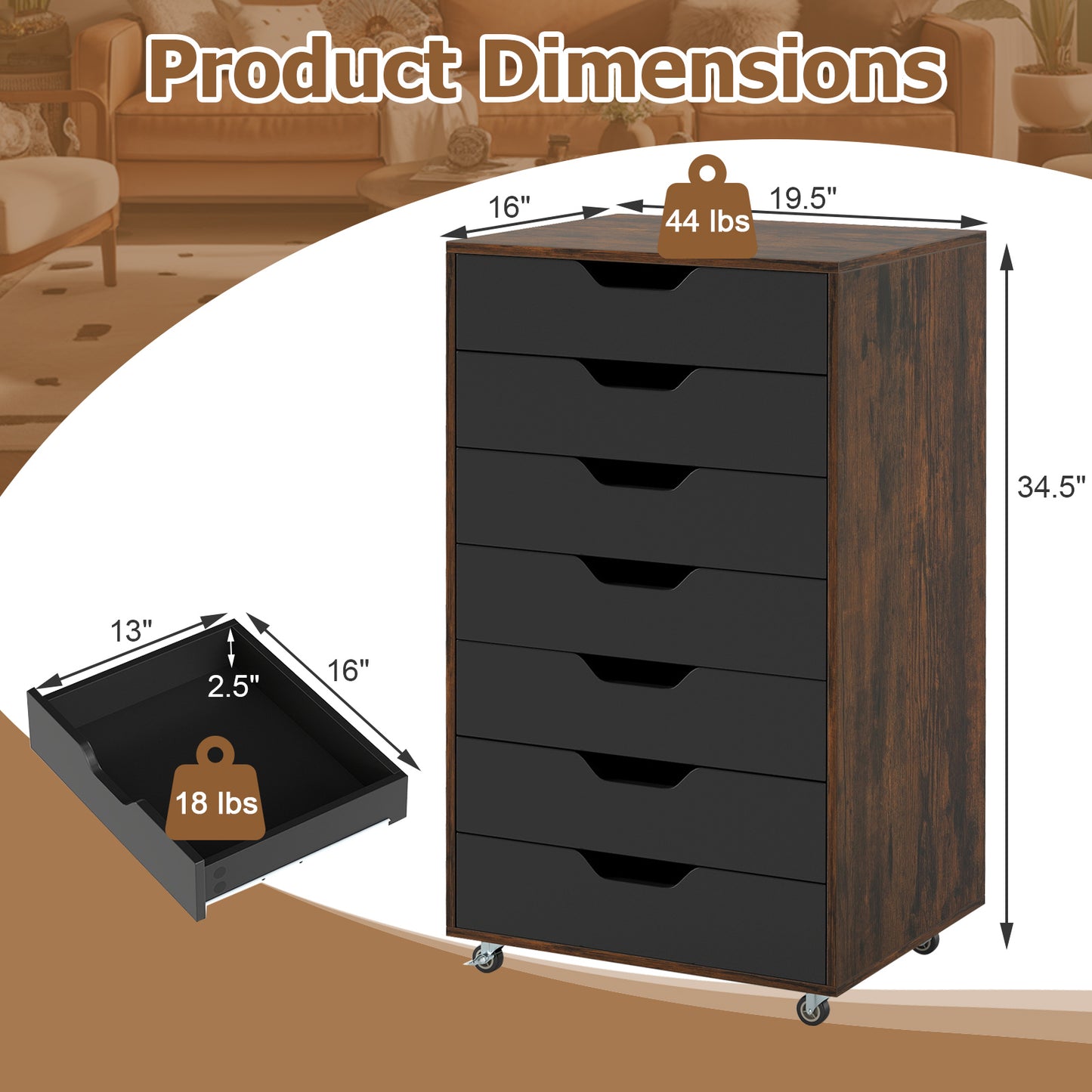7-Drawer Chest Wooden Storage Dresser with Lockable Wheels-Rustic Brown