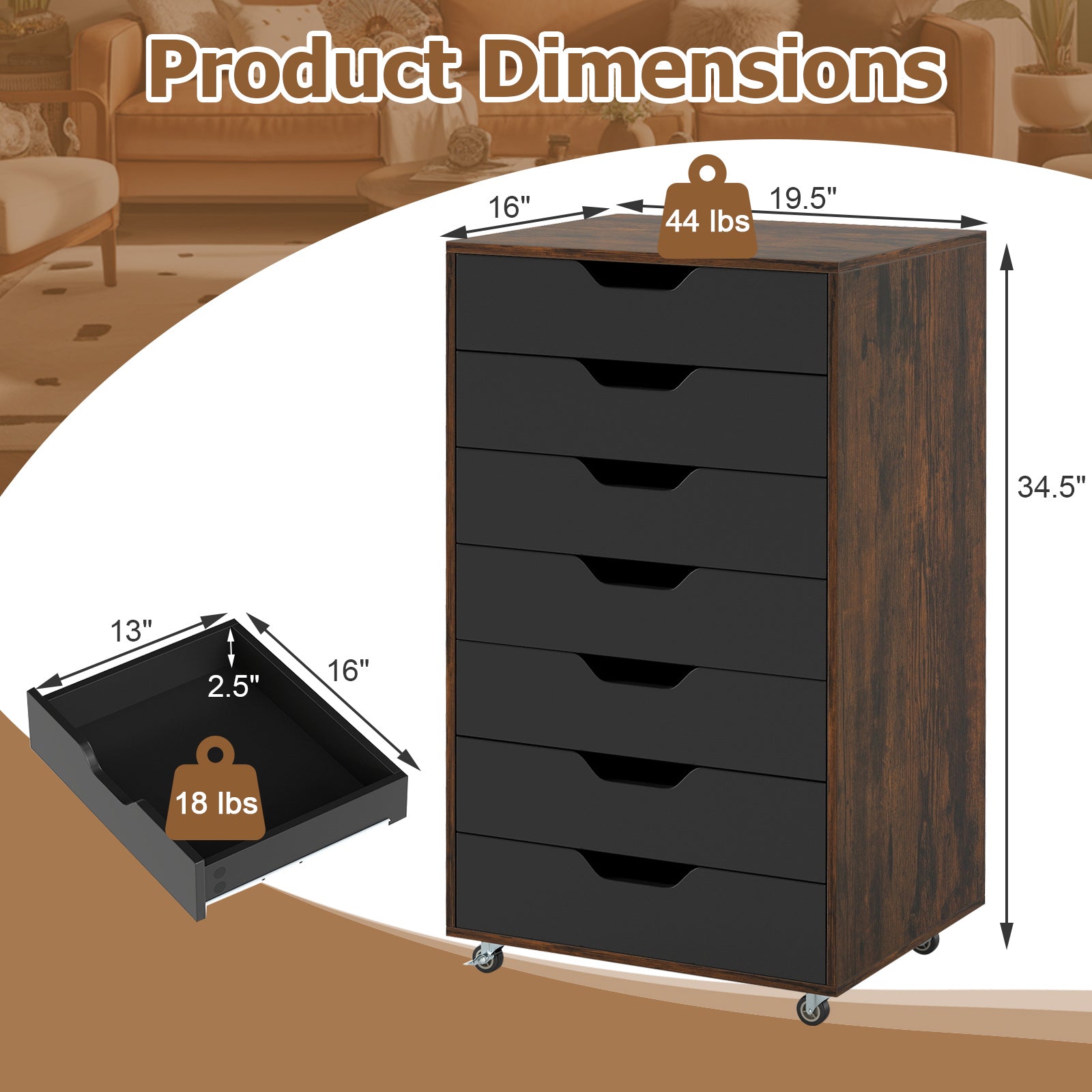 7-Drawer Chest Wooden Storage Dresser with Lockable Wheels-Rustic Brown