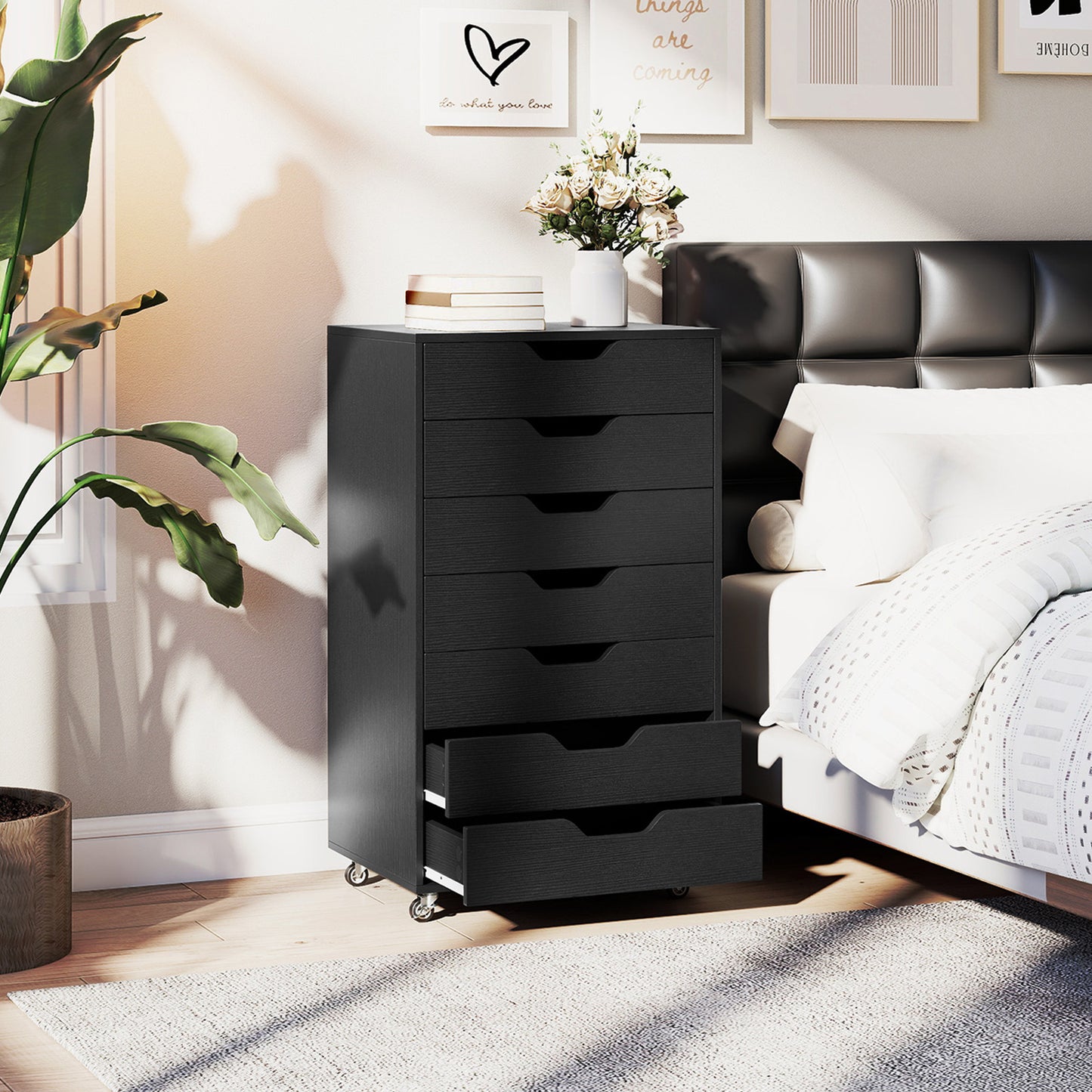 7-Drawer Chest Wooden Storage Dresser with Lockable Wheels-Black