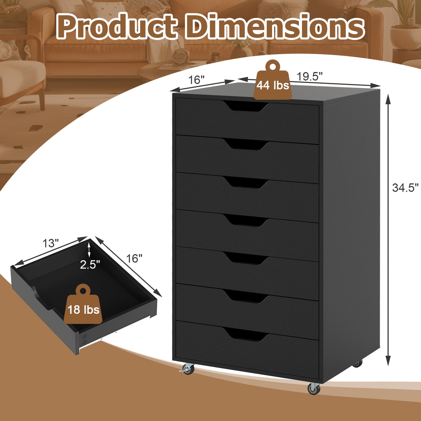 7-Drawer Chest Wooden Storage Dresser with Lockable Wheels-Black