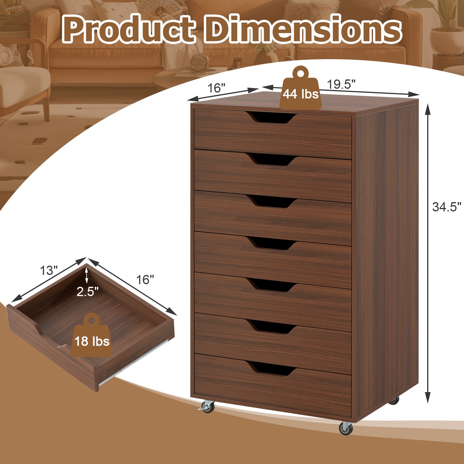7-Drawer Chest Wooden Storage Dresser with Lockable Wheels-Walnut