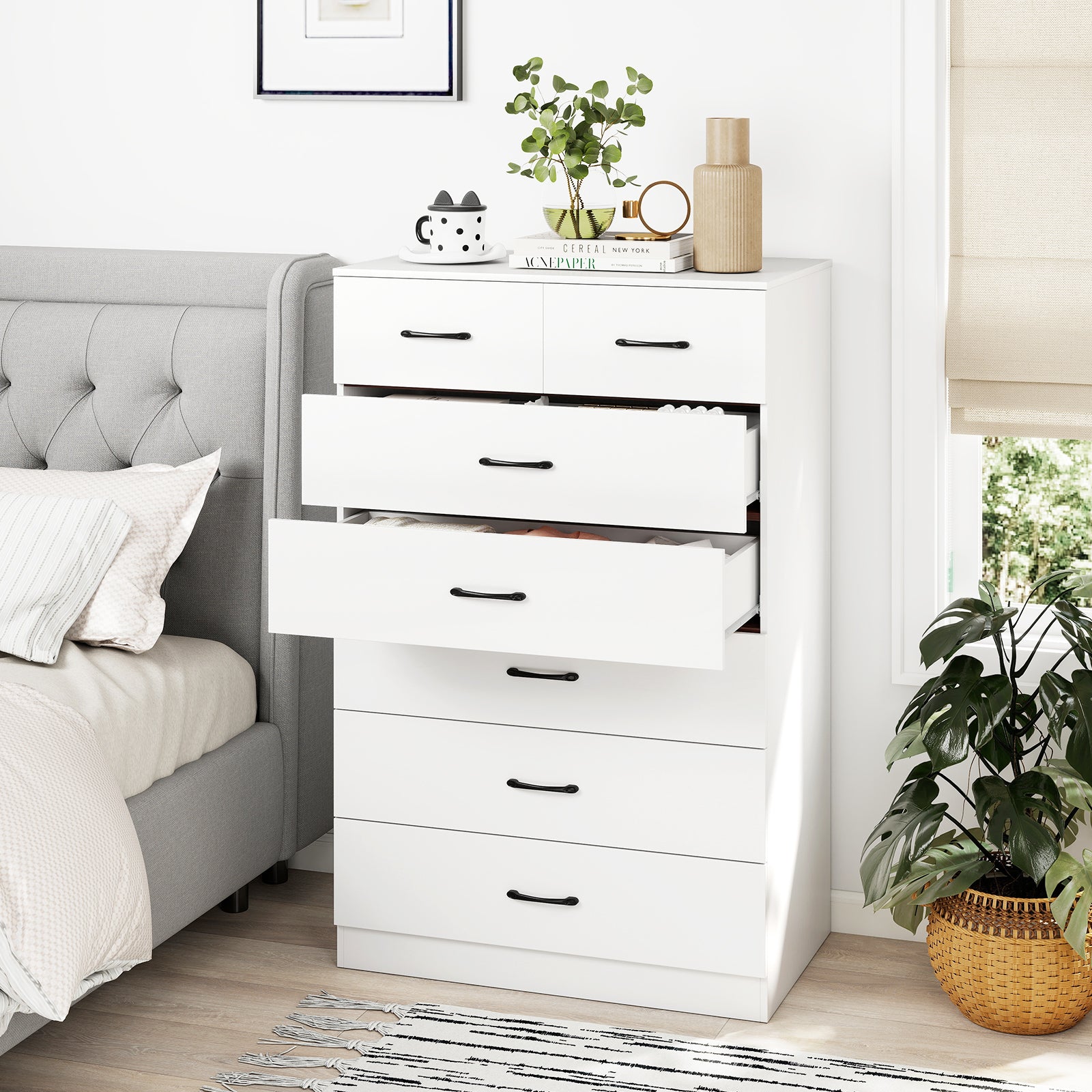 7-Drawer Tall Dresser with Metal Handles and Anti-Tipping Kits-White