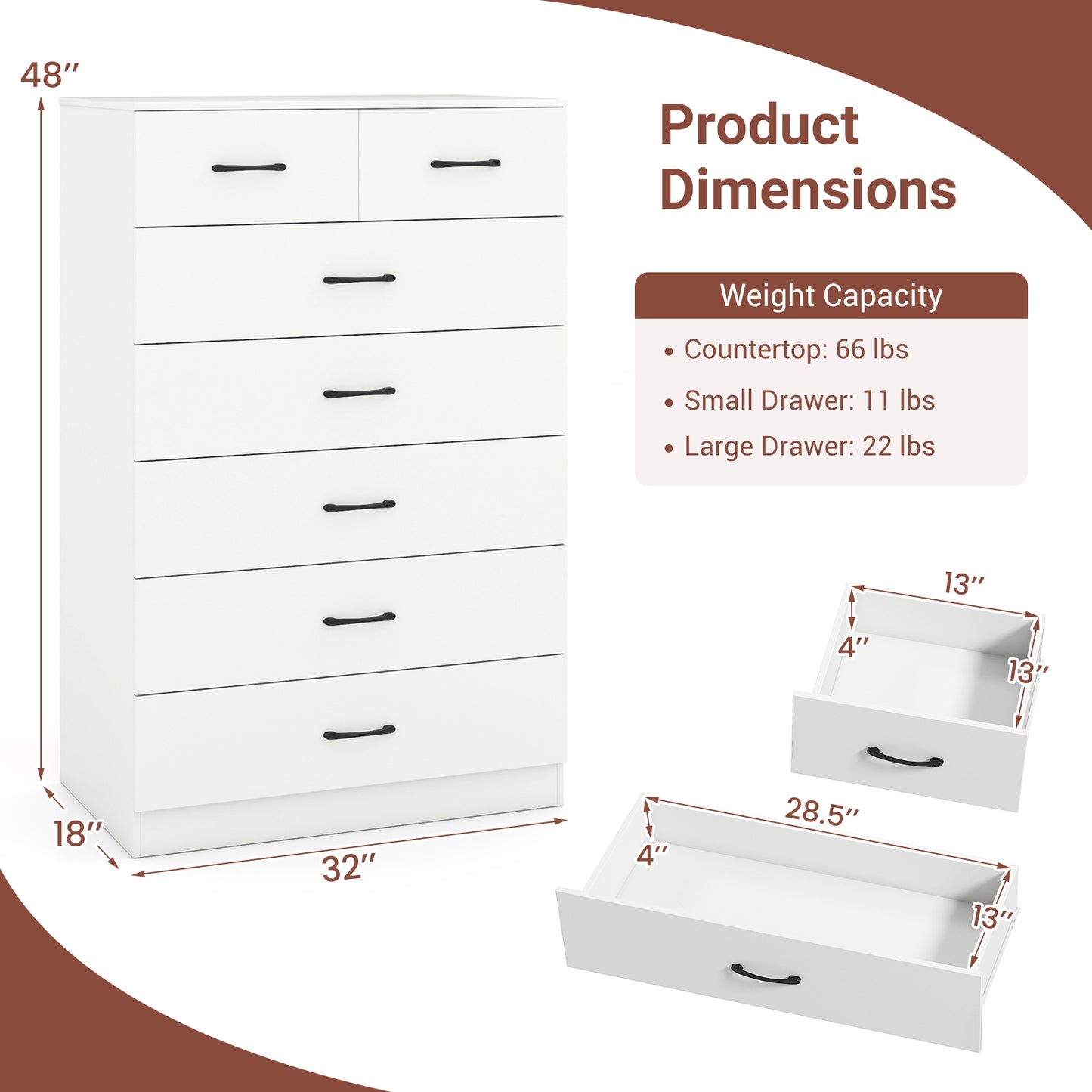 7-Drawer Tall Dresser with Metal Handles and Anti-Tipping Kits-White