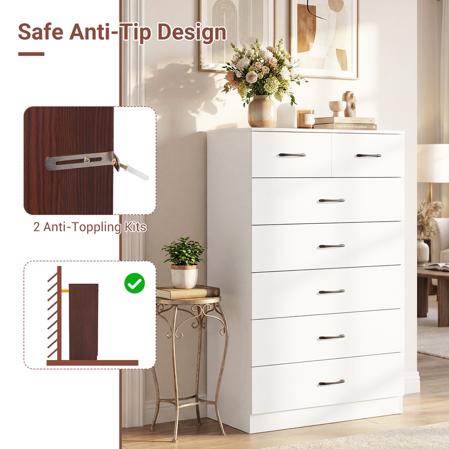 7-Drawer Tall Dresser with Metal Handles and Anti-Tipping Kits-White