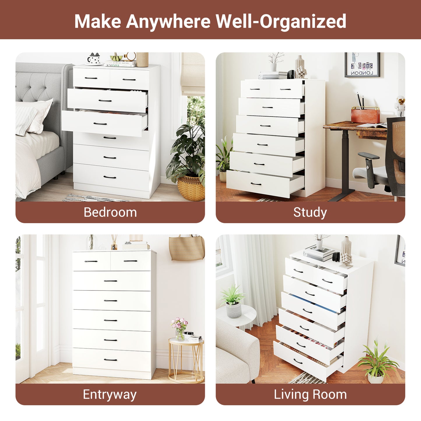 7-Drawer Tall Dresser with Metal Handles and Anti-Tipping Kits-White