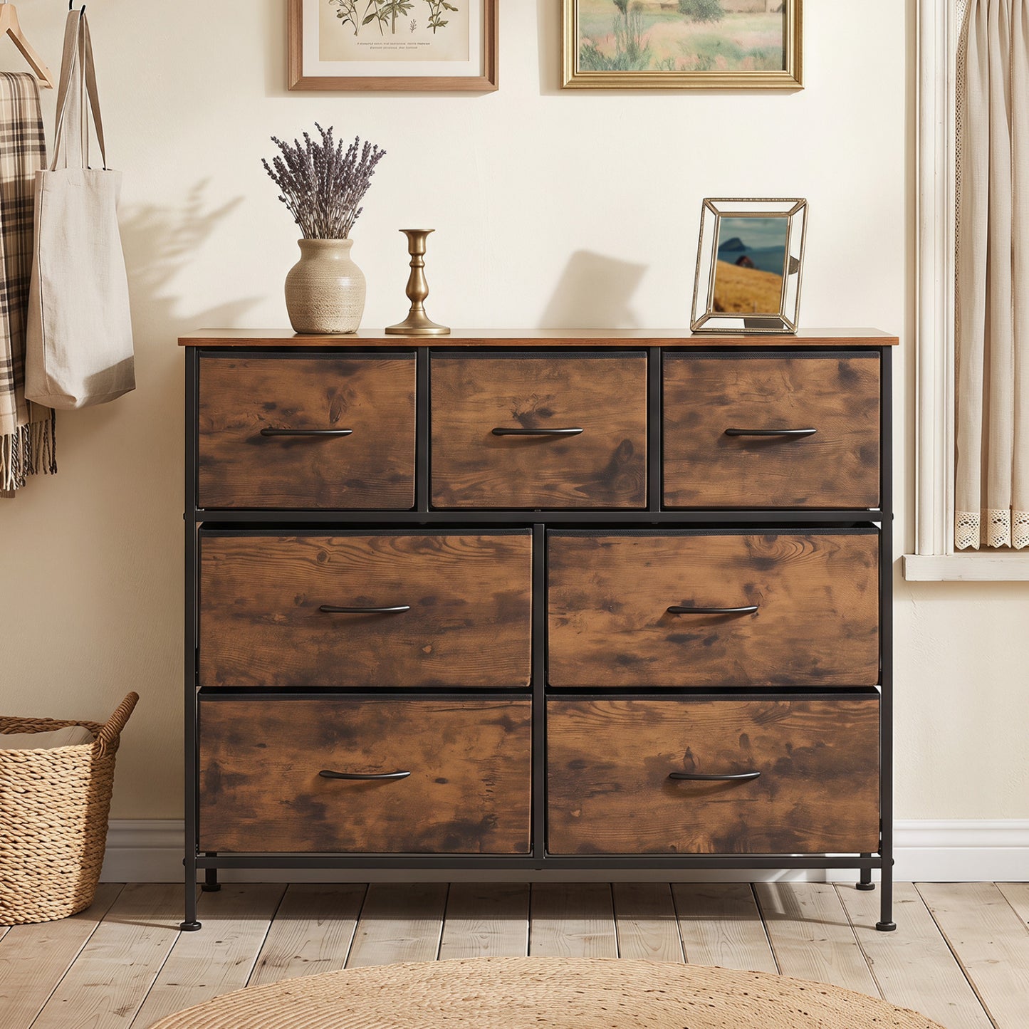 7-Drawer Wide Dresser with Fabric Drawers for Bedroom