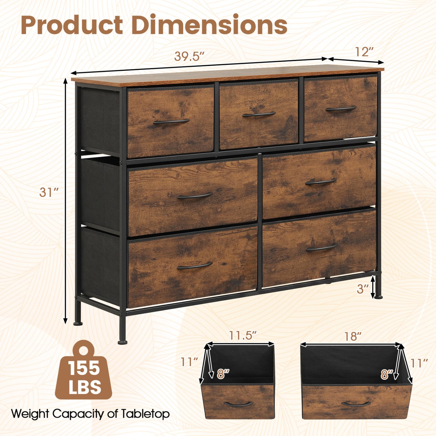 7-Drawer Wide Dresser with Fabric Drawers for Bedroom