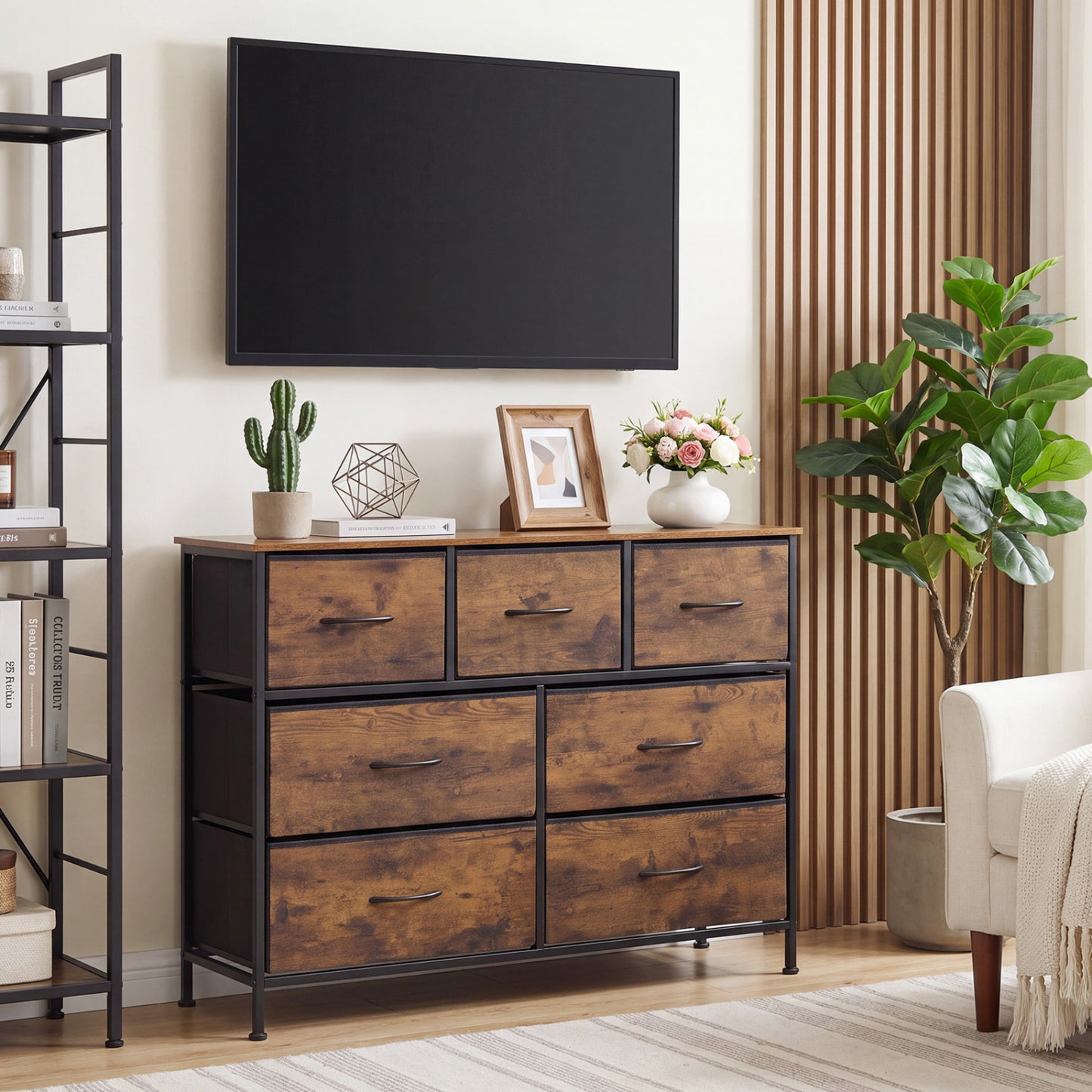 7-Drawer Wide Dresser with Fabric Drawers for Bedroom