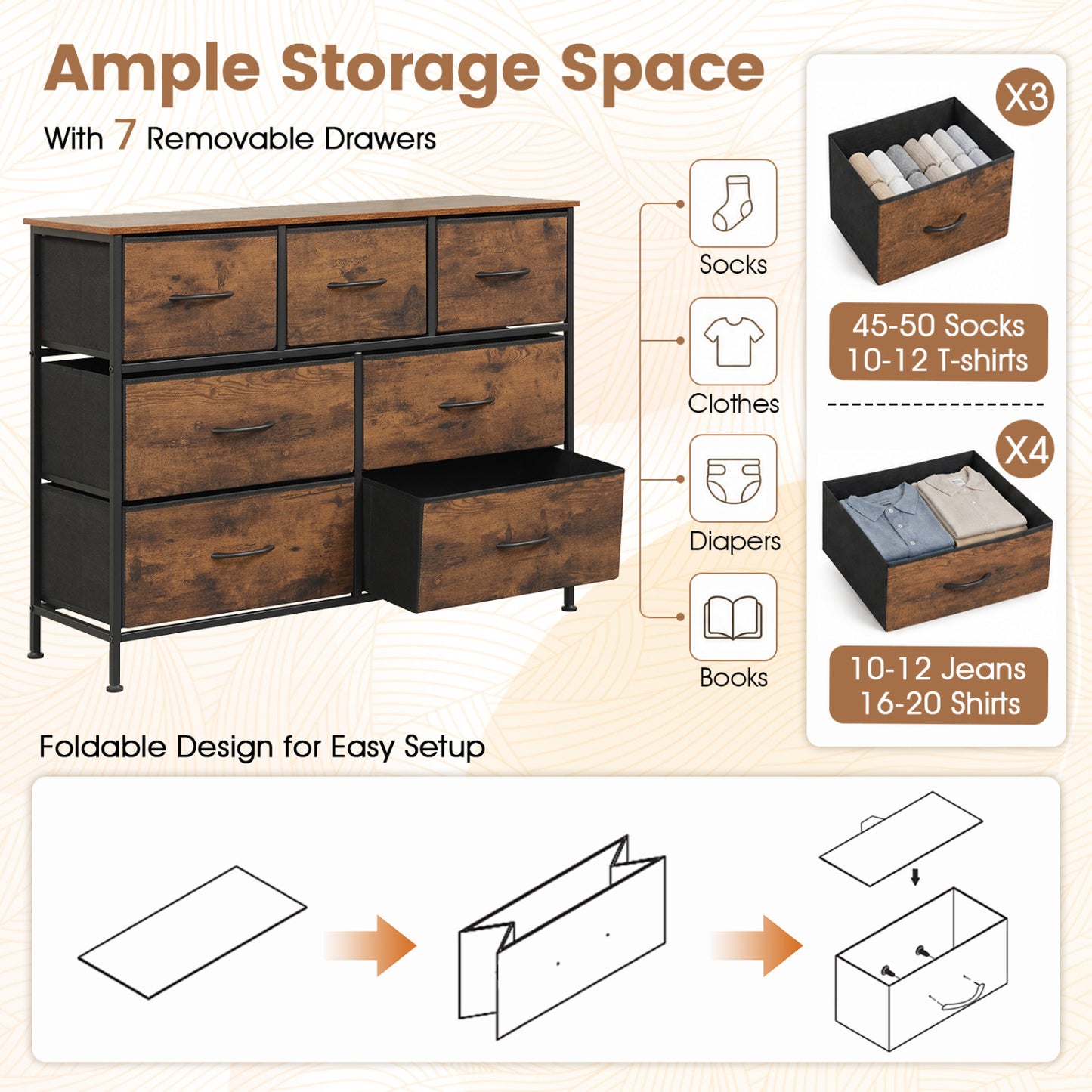 7-Drawer Wide Dresser with Fabric Drawers for Bedroom