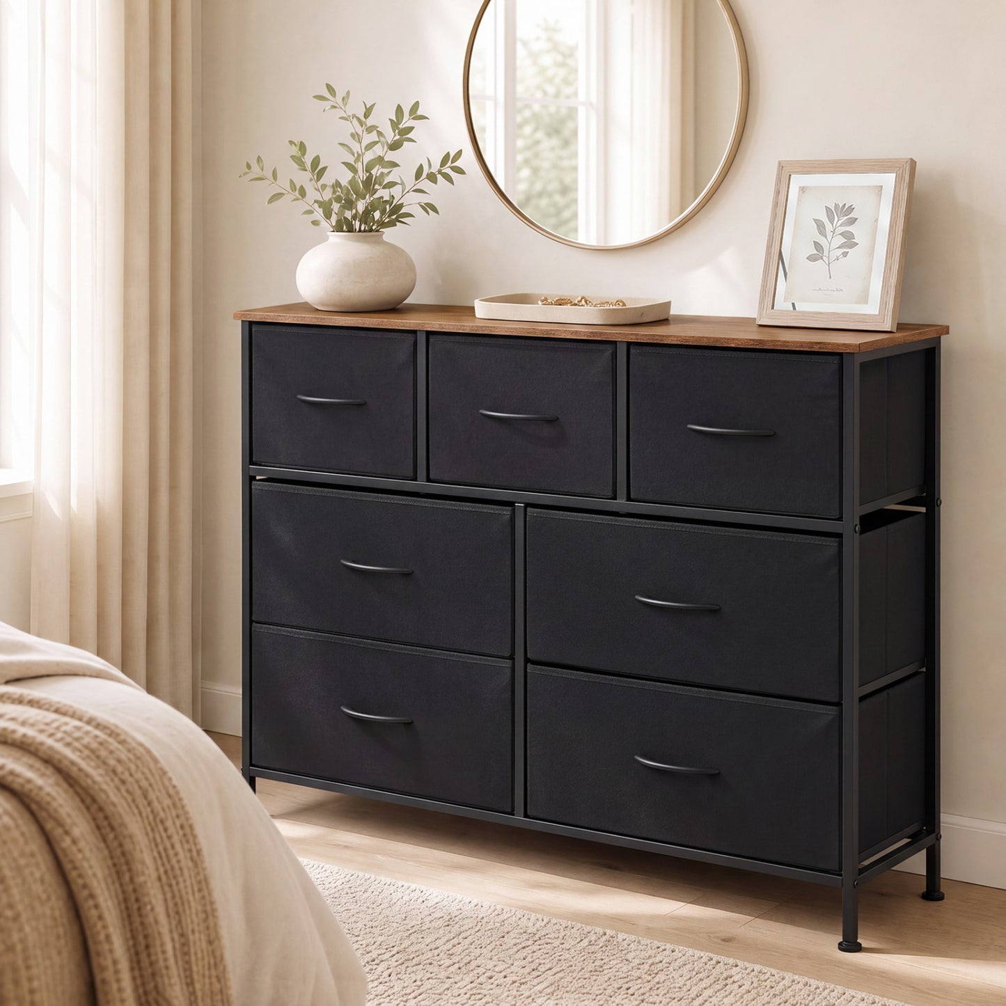 7-Drawer Wide Dresser with Fabric Drawers for Bedroom