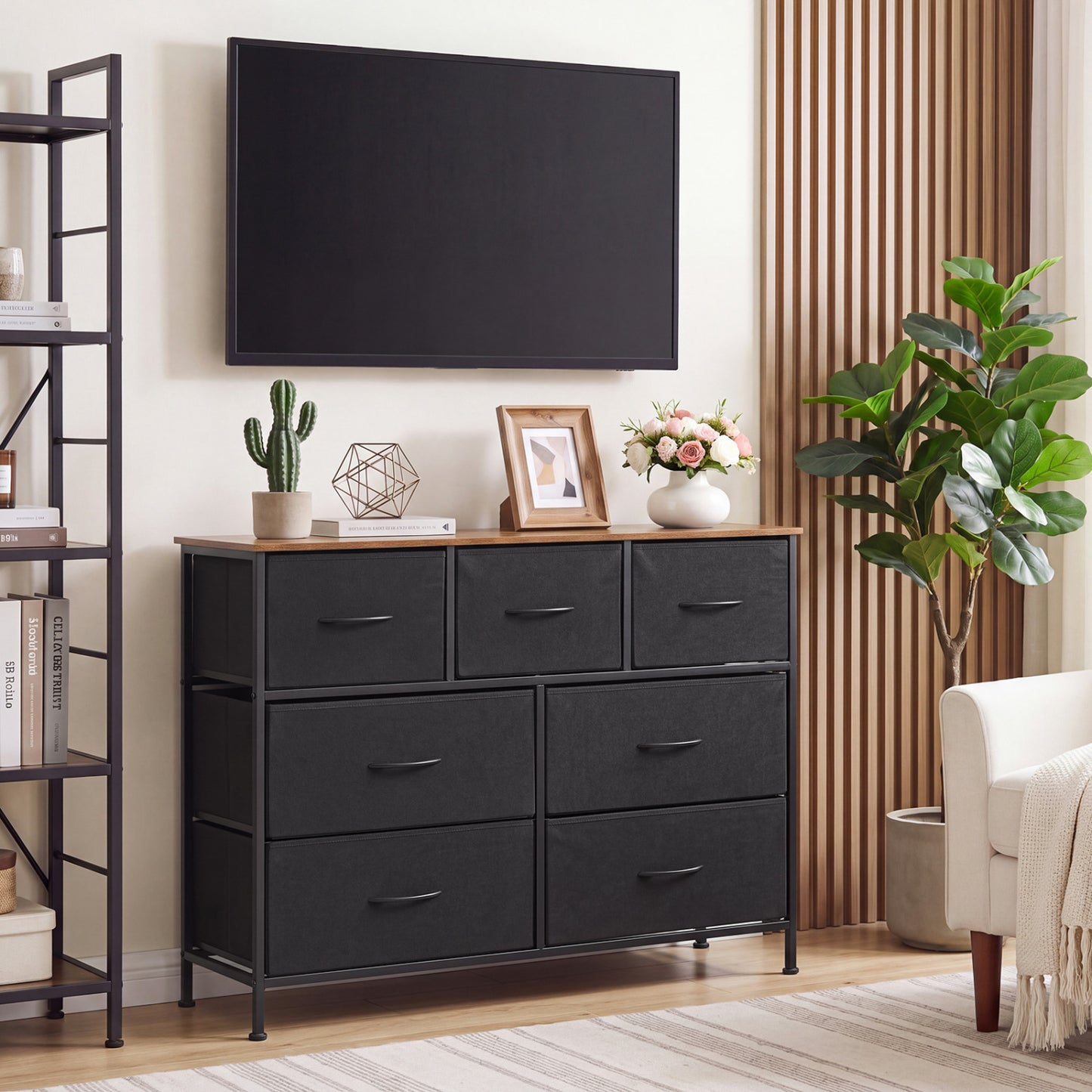 7-Drawer Wide Dresser with Fabric Drawers for Bedroom