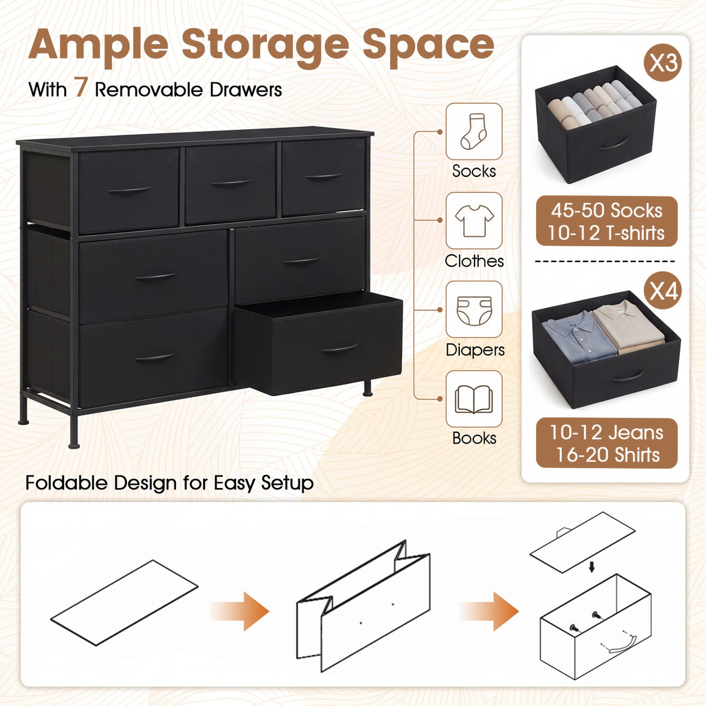 7-Drawer Wide Dresser with Fabric Drawers for Bedroom