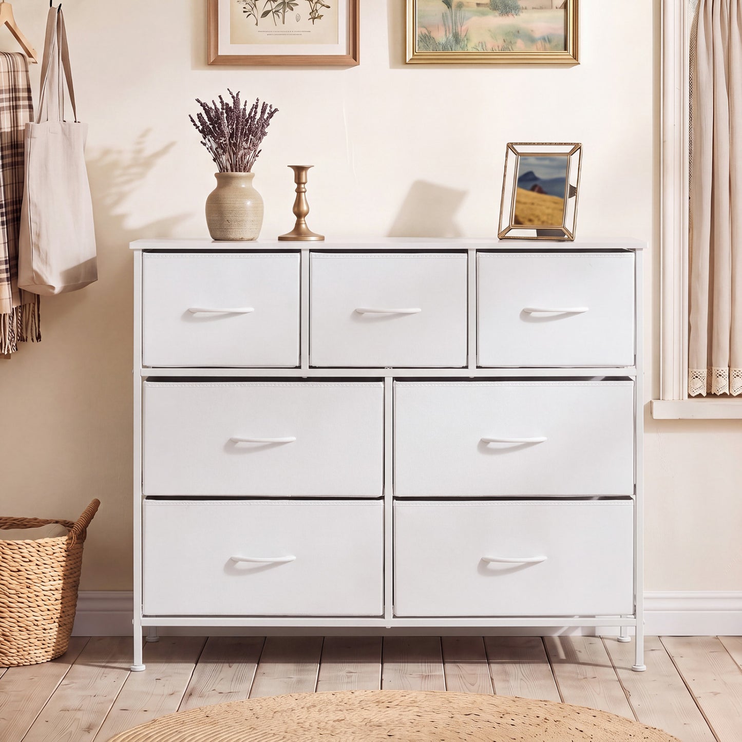 7-Drawer Wide Dresser with Fabric Drawers for Bedroom