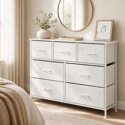 7-Drawer Wide Dresser with Fabric Drawers for Bedroom