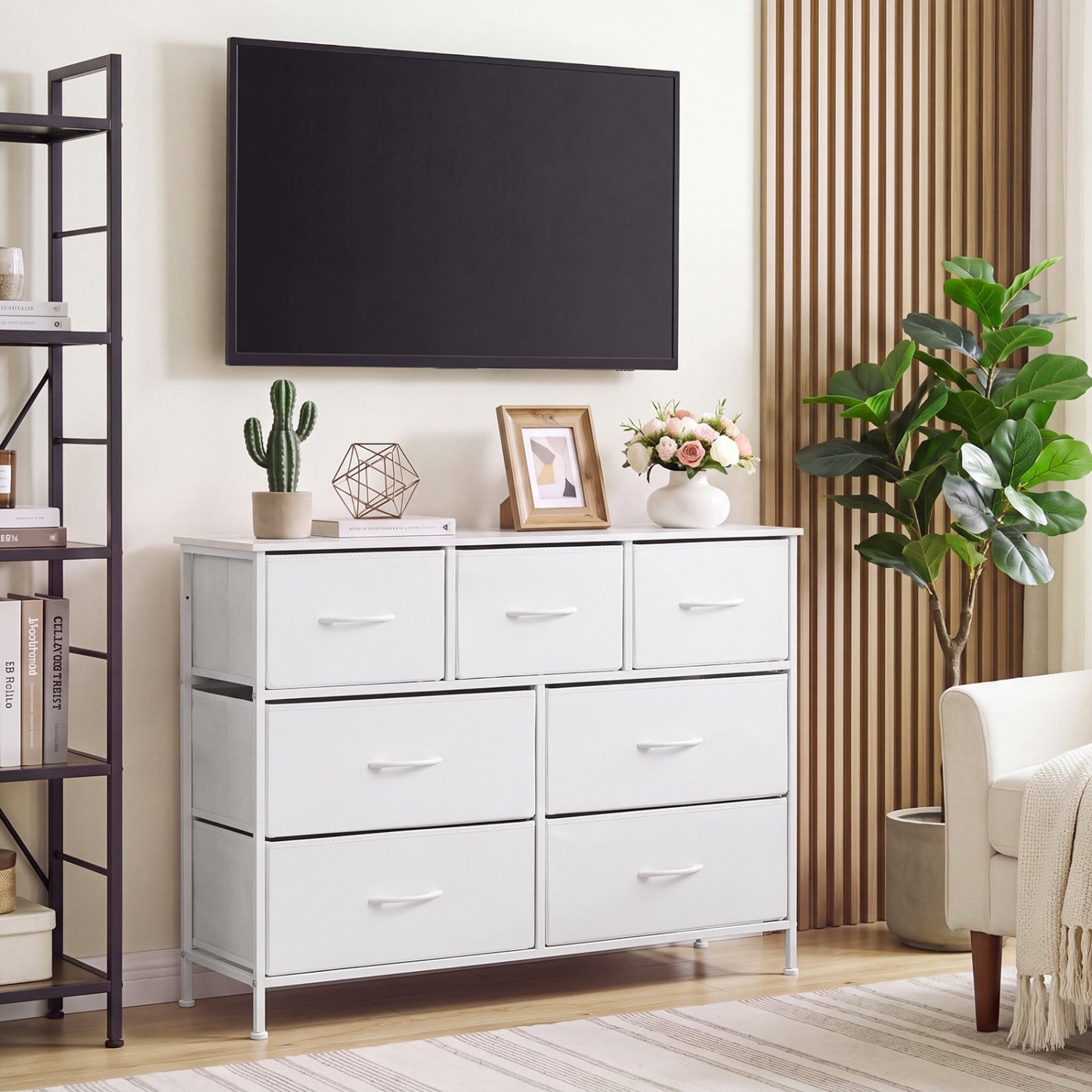 7-Drawer Wide Dresser with Fabric Drawers for Bedroom