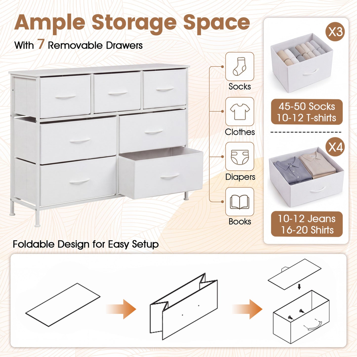 7-Drawer Wide Dresser with Fabric Drawers for Bedroom