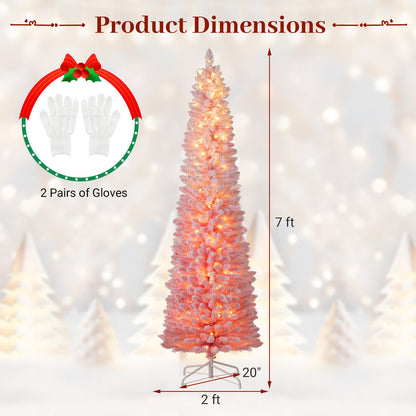 7 FTSnow-flocked Artificial Pink Christmas Tree Pre-lit Hinged Xmas Tree for Holiday Decoration