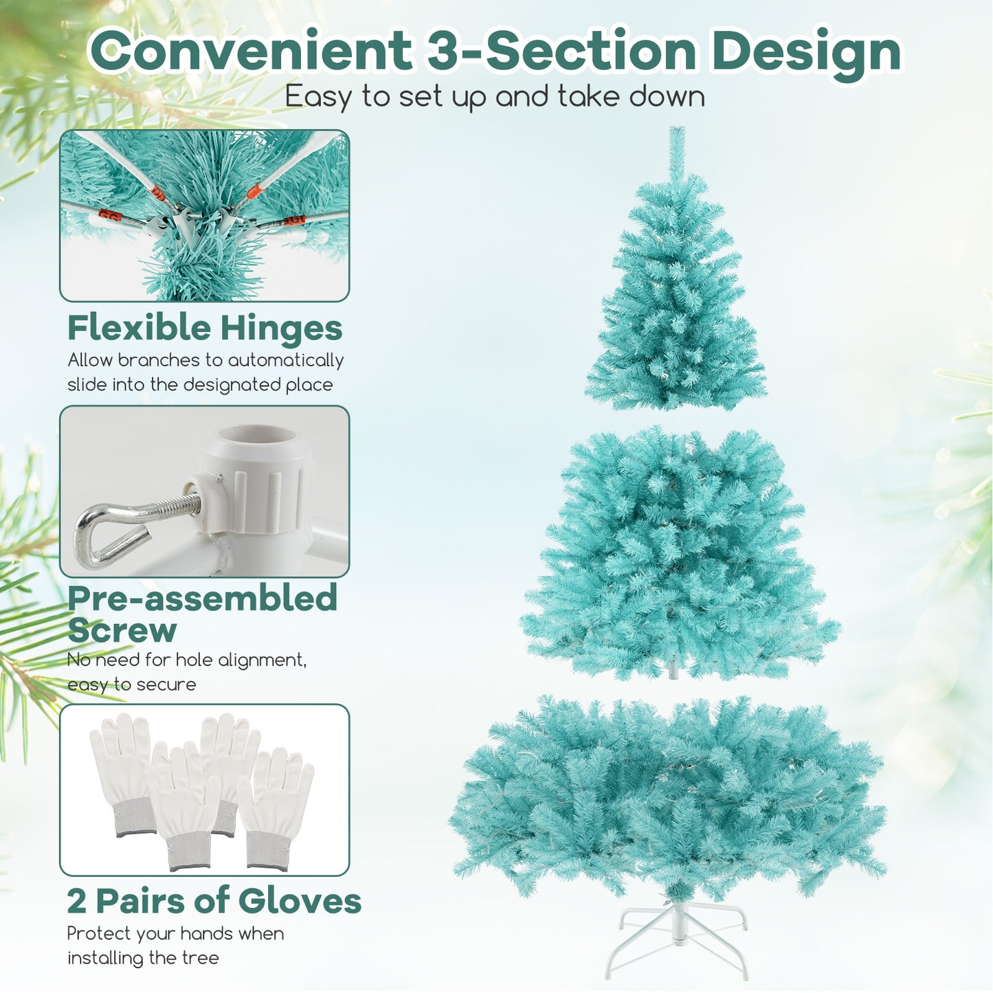 6/7 FT Blue Artificial Christmas Tree with 280/380 Warm White LED Lights and Foldable Metal Stand