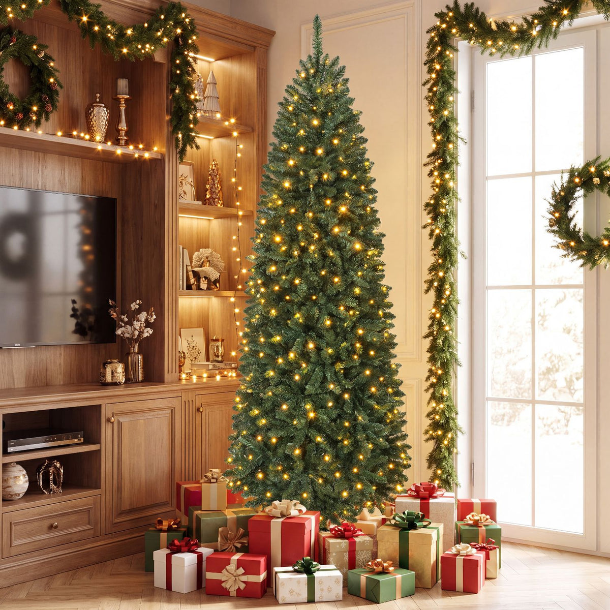 6 Feet Pre-Lit Artificial Christmas Tree with 300/250/170/380 Warm White and Multi