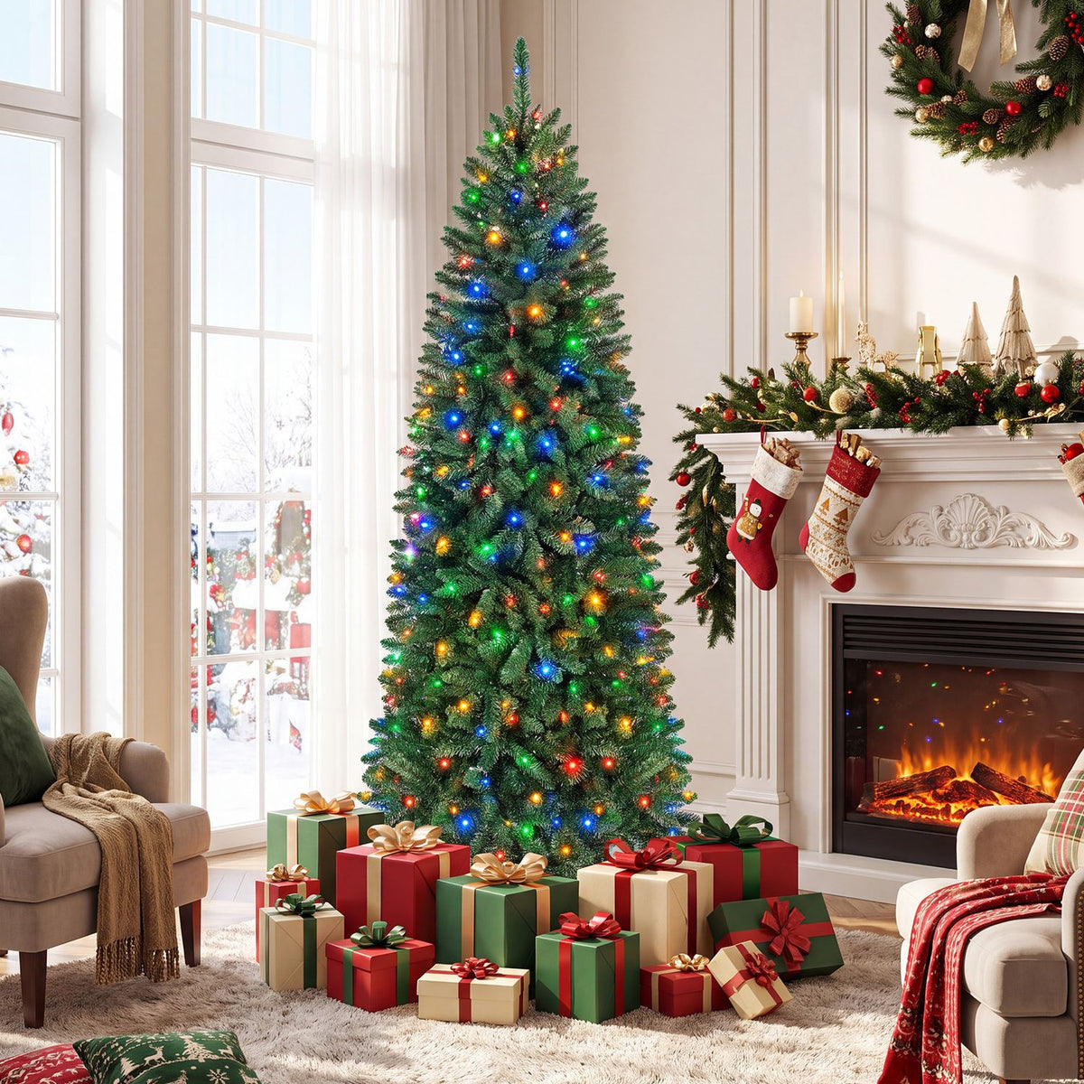 6 Feet Pre-Lit Artificial Christmas Tree with 300/250/170/380 Warm White and Multi