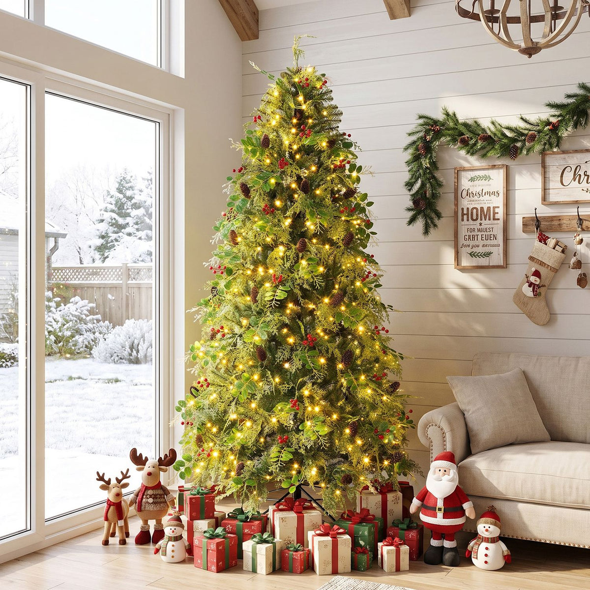 6 FT Pre-Lit Artificial Christmas Tree with Warm White and Multicolor LED Lights for Indoor