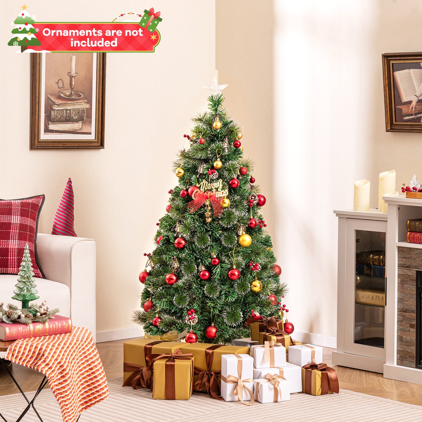 5 Feet Artificial Christmas Tree with Red Berries and Kerosene Lamps
