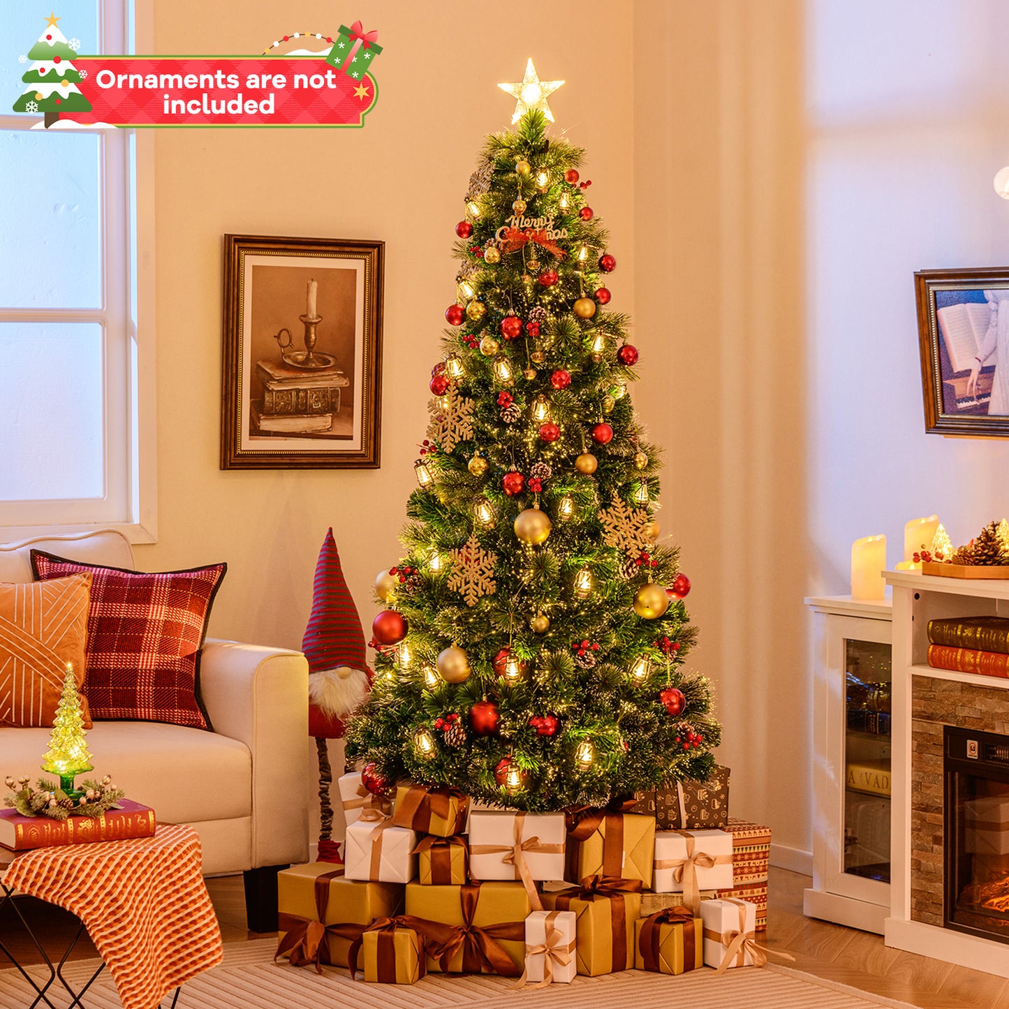 5/6/7 Feet Artificial Christmas Tree with Red Berries and Kerosene Lamps-7 ft