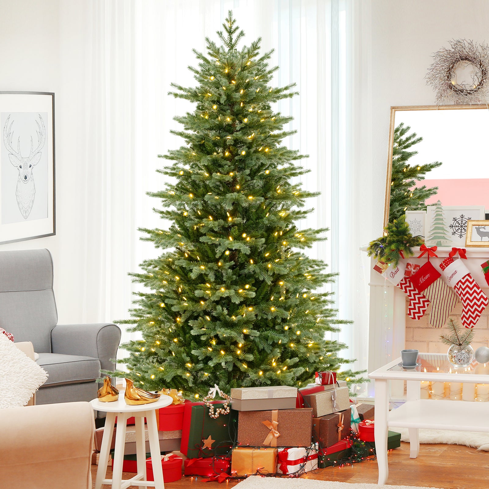 5/6/7 Feet Artificial Christmas Tree with 1426/2116/3156 Lush PVC and 200/300/400 Warm White LED Lights-L