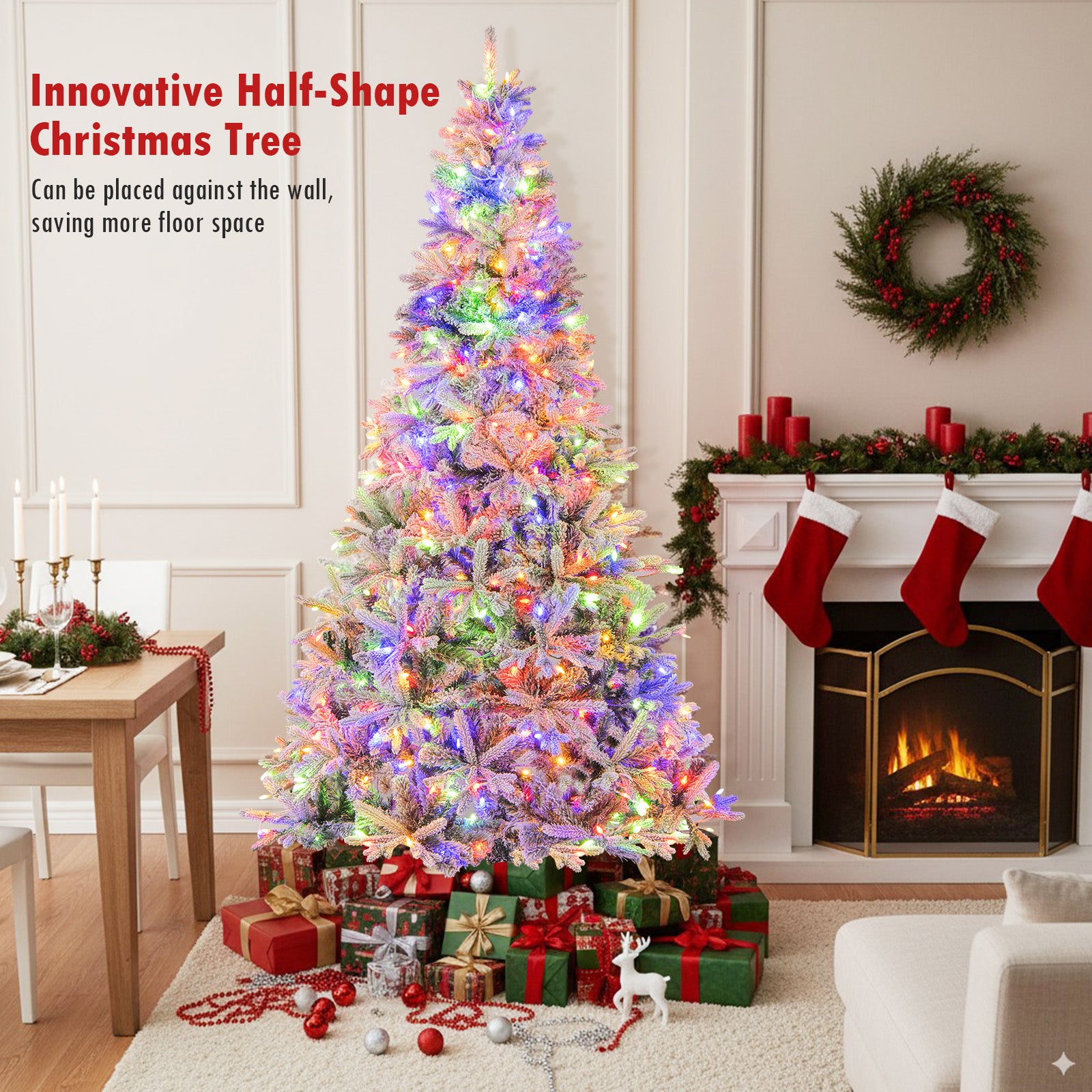 7 Feet Half Artificial Christmas Tree with 852 PE & PVC Branch Tips and 9 Modes-M