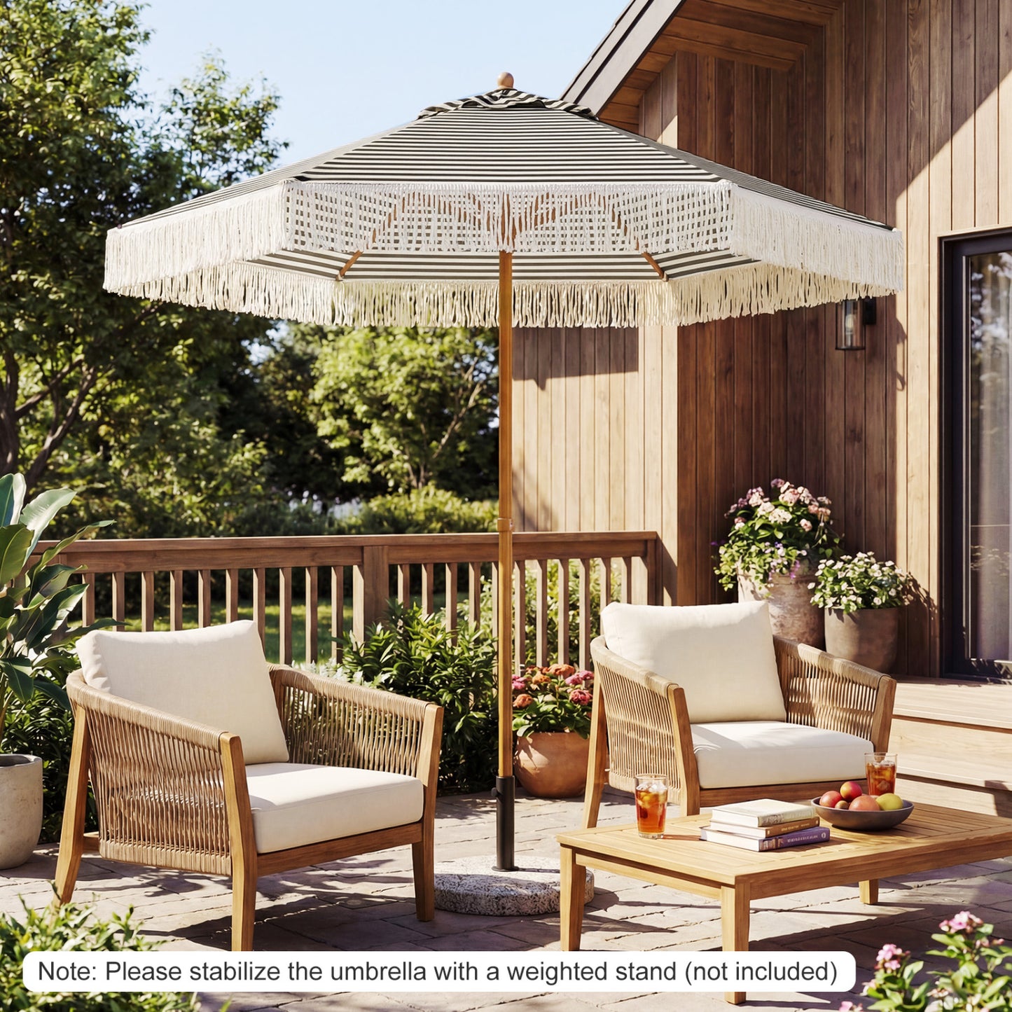 7 Feet Patio Umbrella with Fringe Sun-Protective Beach Umbrella with Boho Tassel