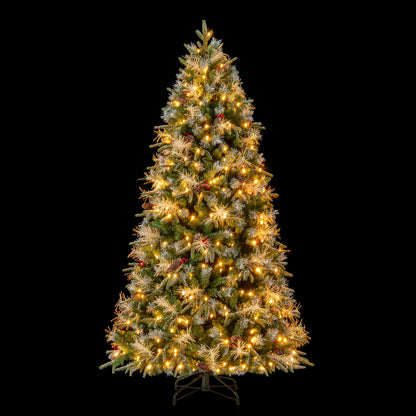 7 Feet Pre-Lit Artificial Christmas Tree with 8 Modes LED Lights with Berries
