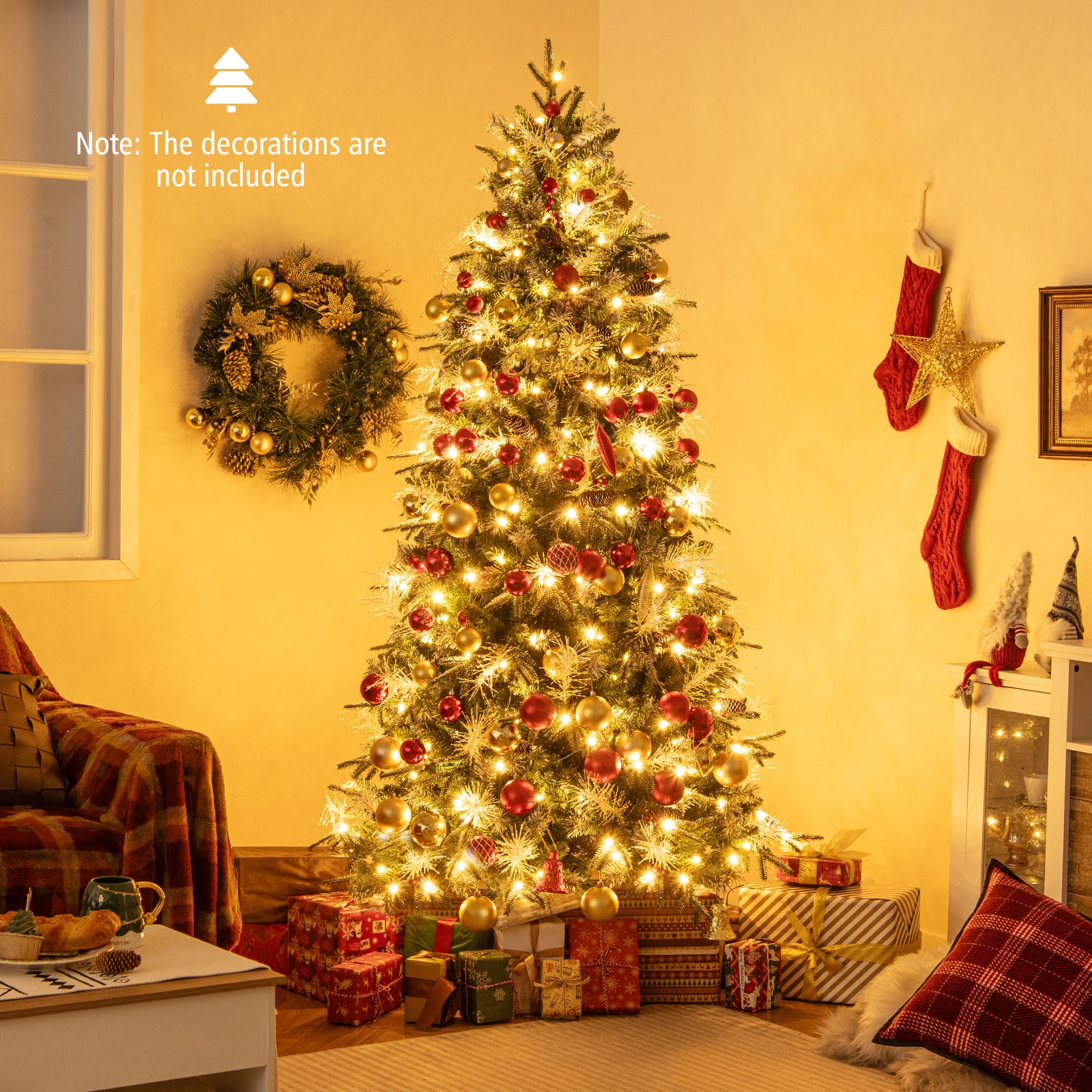 7 Feet Pre-Lit Artificial Christmas Tree with 8 Modes LED Lights with Berries