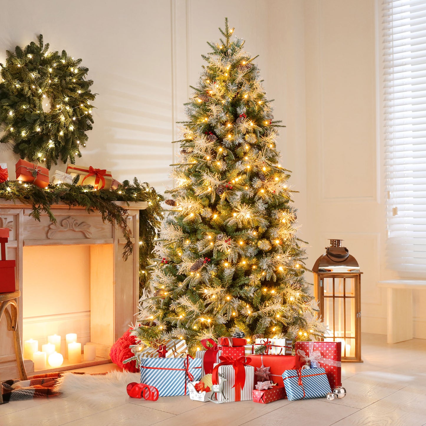 7 Feet Pre-Lit Artificial Christmas Tree with 8 Modes LED Lights with Berries