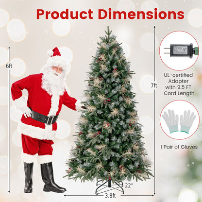 7 Feet Pre-Lit Artificial Christmas Tree with 8 Modes LED Lights with Berries