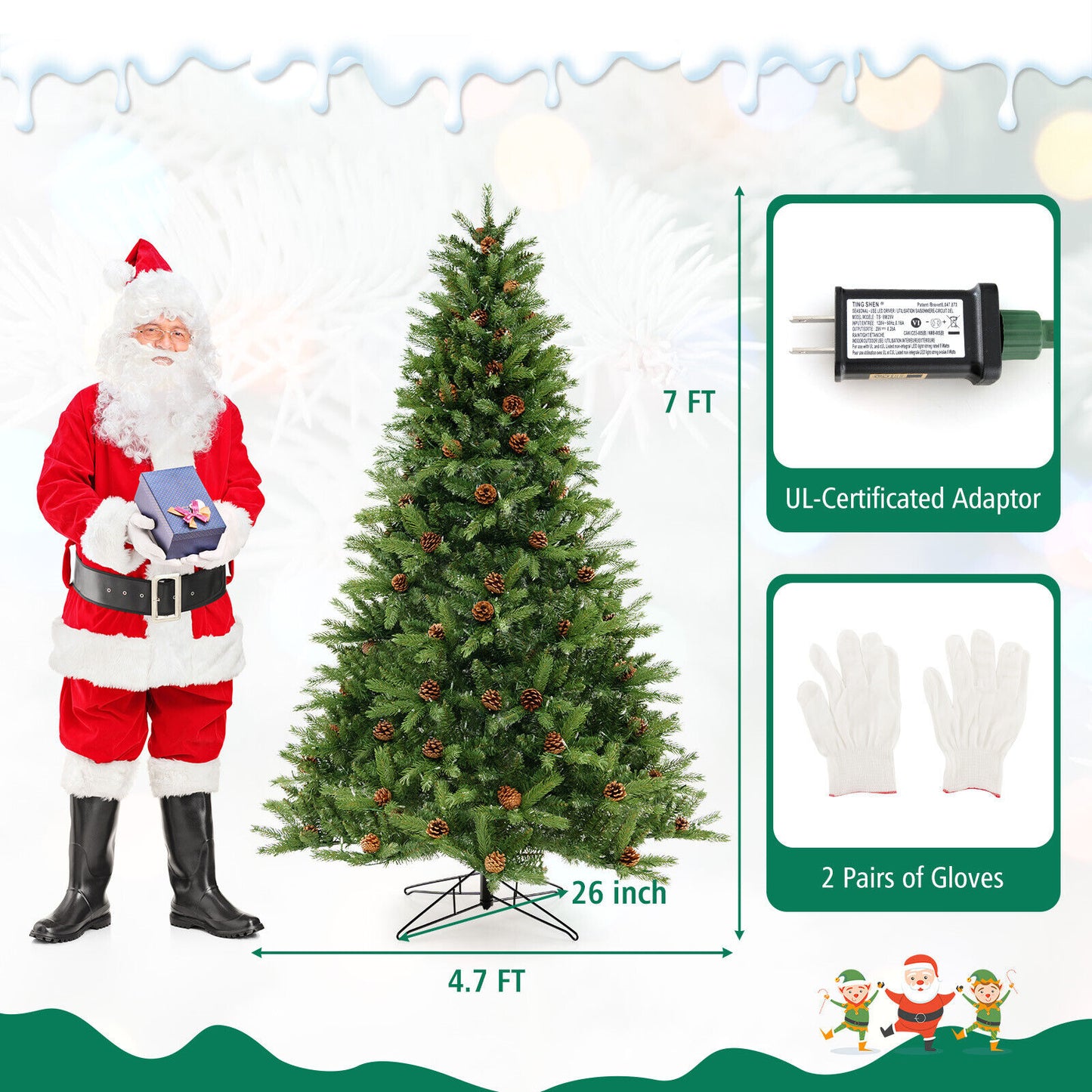 6/7 FT Artificial Christmas Tree with Pine Cones and Adjustable Brightness-7 ft