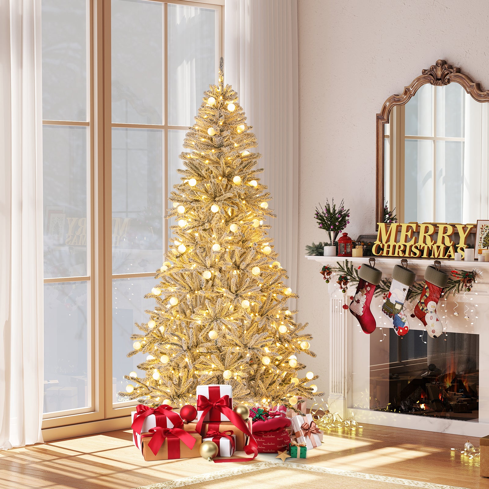 7 Feet Snow-flocked Artificial Christmas Tree Pre-lit Hinged with 81 Sphere Lights and Remote-7ft