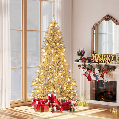 7 Feet Snow-flocked Artificial Christmas Tree Pre-lit Hinged with 81 Sphere Lights and Remote-7ft