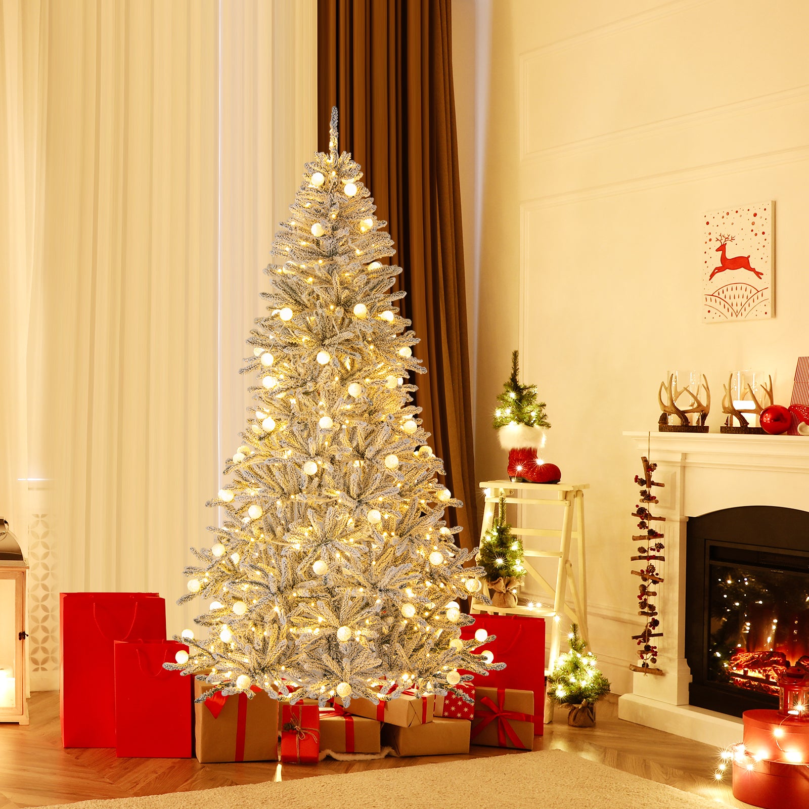 7 Feet Snow-flocked Artificial Christmas Tree Pre-lit Hinged with 81 Sphere Lights and Remote-7ft